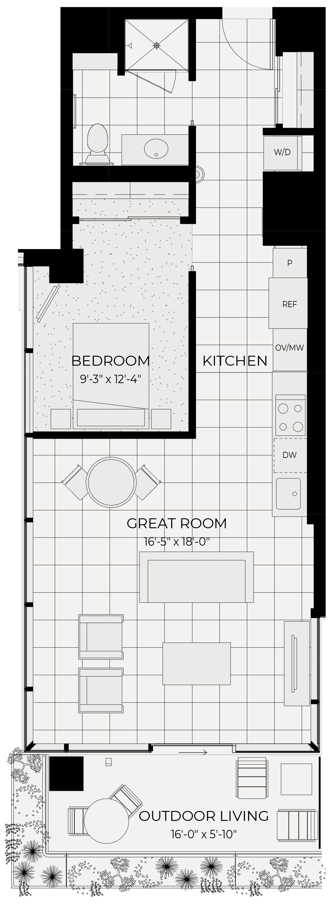 Floor plan for 1 bed, 1 bath, 733 sqft